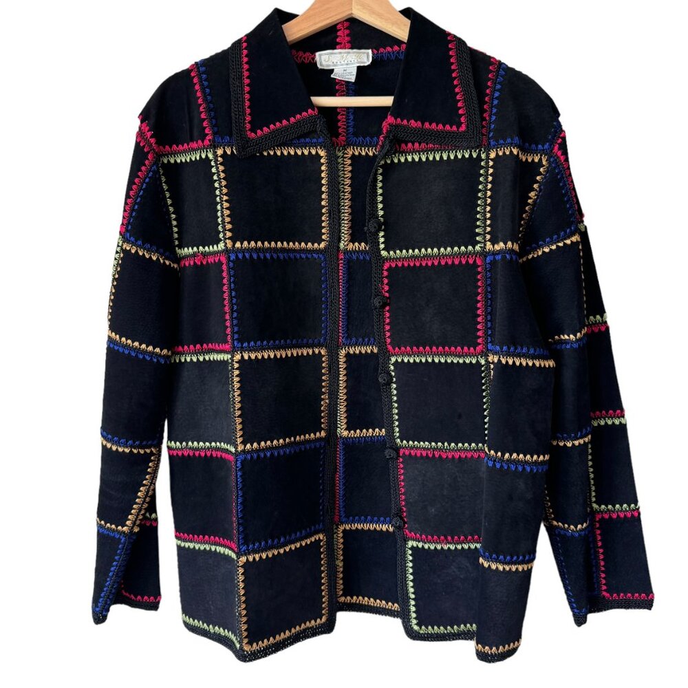 Vintage S.M.H. Boutique Patchwork Stiching Detail Leather Suede Jacket Boho Sz M